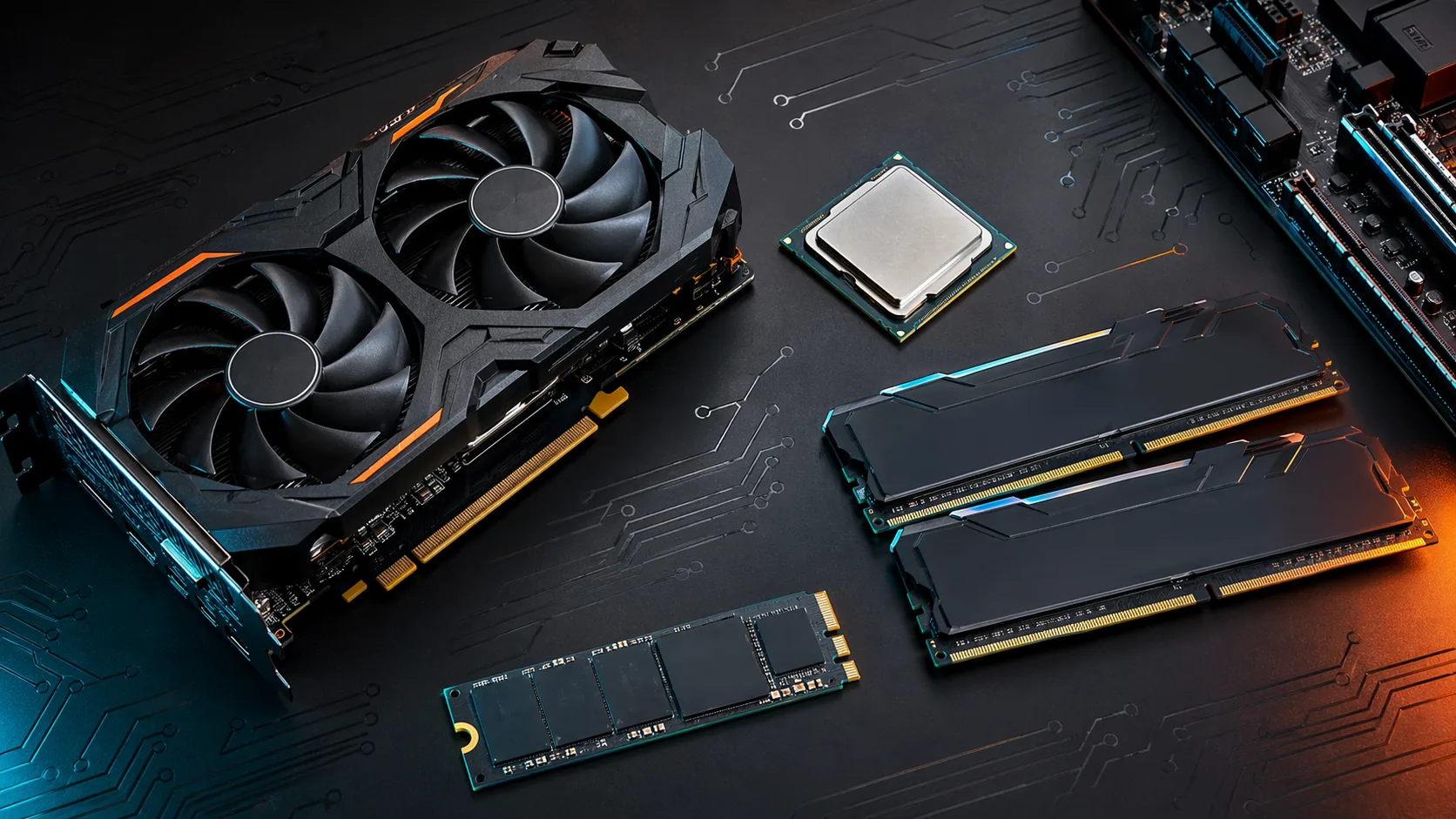 ゲーミングPCのGPU CPU メモリ SSDを並べたパーツ解説イメージ