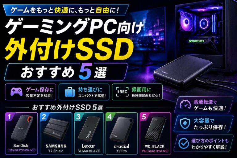 ゲーミングPC向け外付けSSDおすすめ5選｜ゲーム保存・持ち運び・録画用で選ぶのアイキャッチ画像