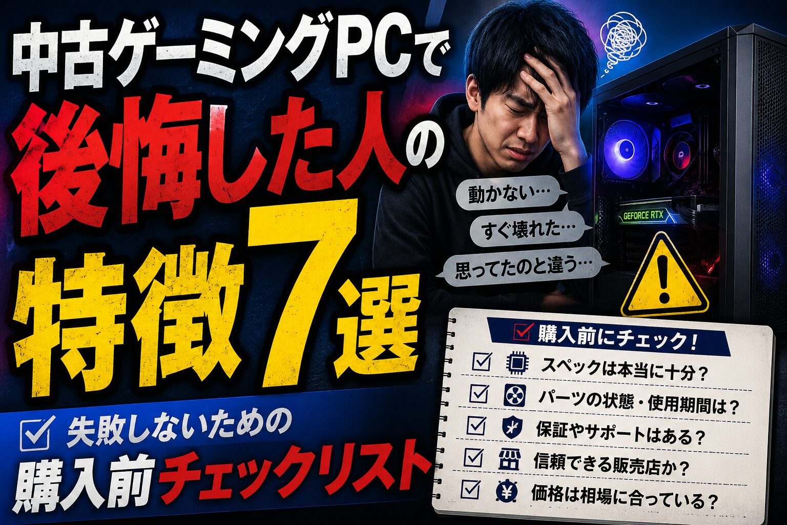 中古ゲーミングPCで後悔しないための購入前チェックを表すイメージ