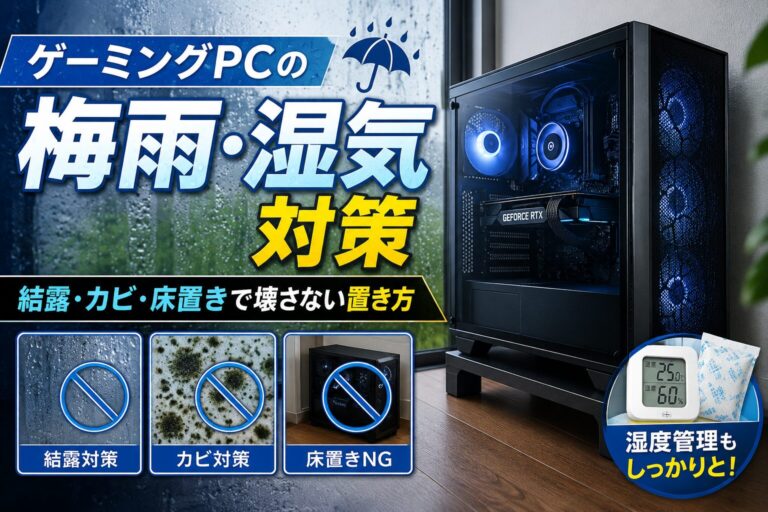 ゲーミングPCの梅雨・湿気対策｜結露・カビ・床置きで壊さない置き方のアイキャッチ画像
