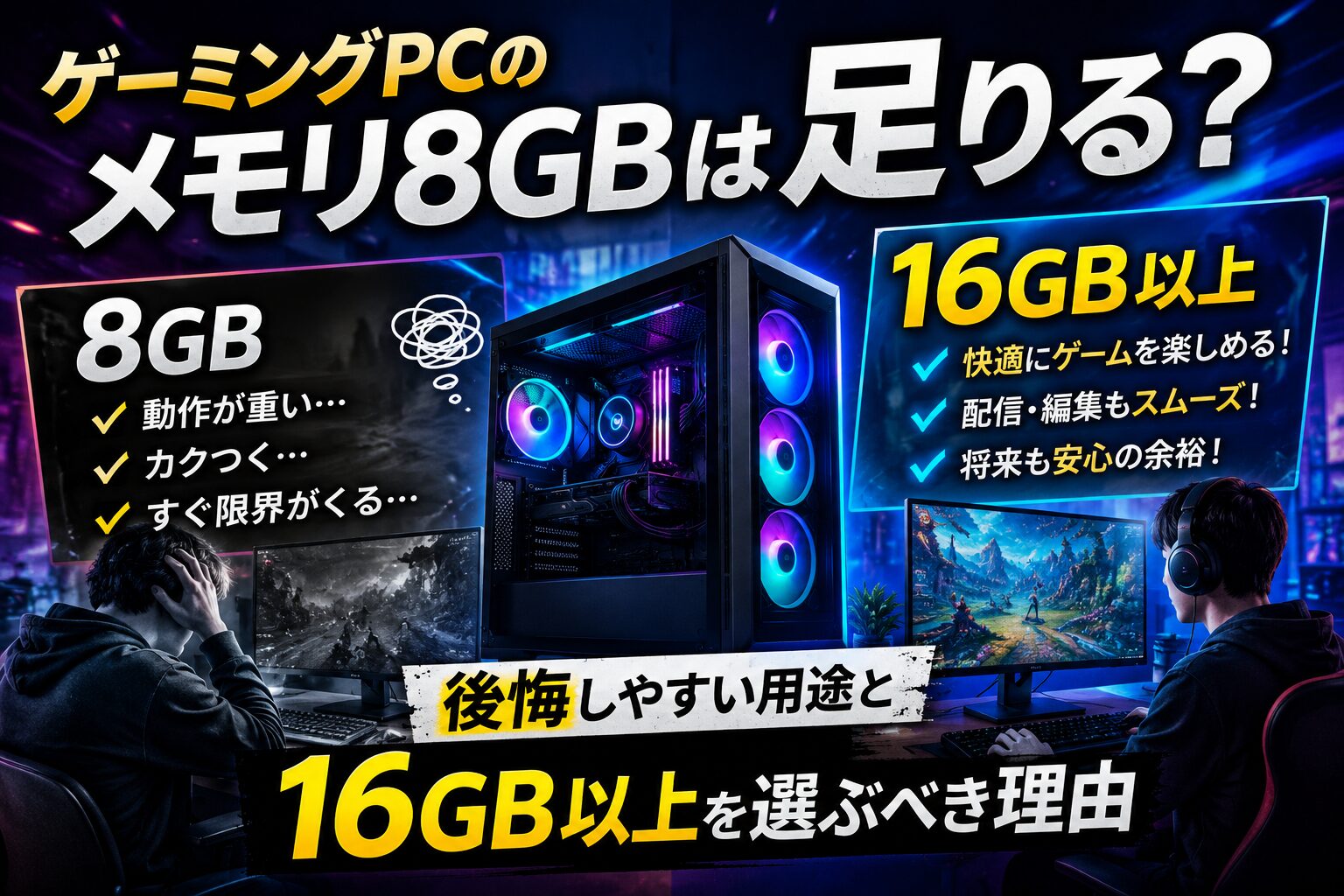 ゲーミングPCのメモリ8GBと16GB以上の違いを比較するイメージ