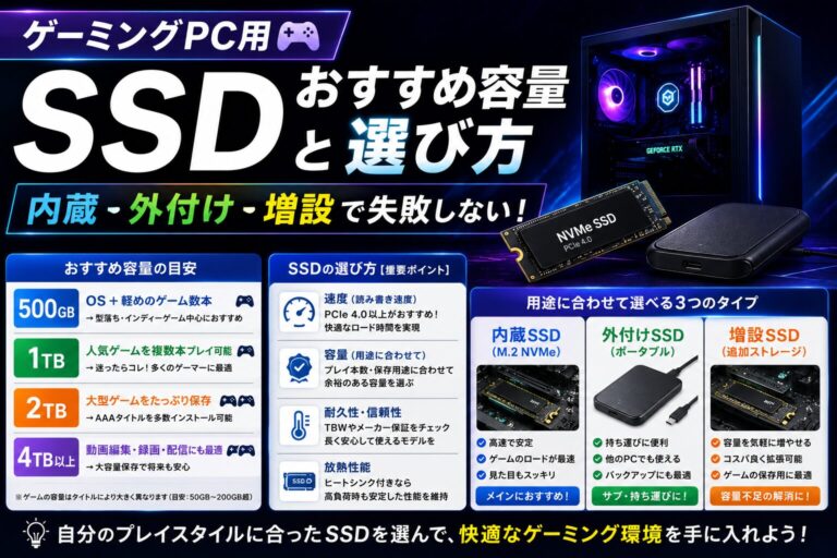 ゲーミングPC用SSDおすすめ容量と選び方｜内蔵・外付け・増設で失敗しないのアイキャッチ画像