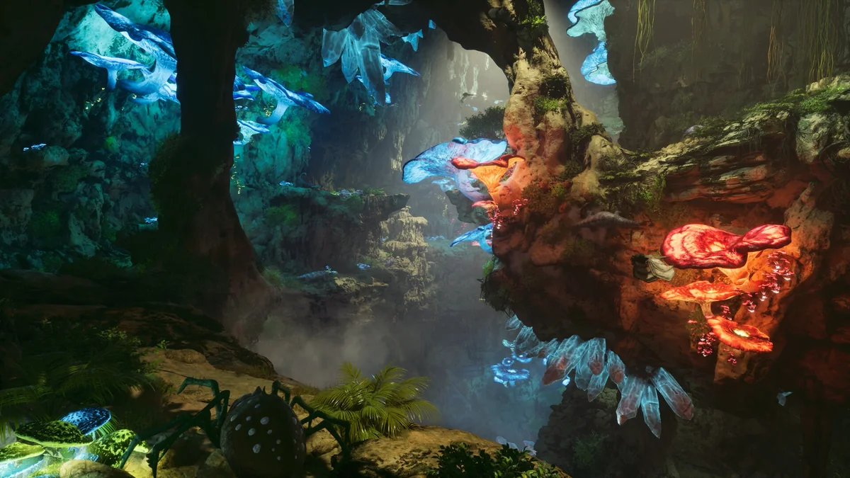 ARK Survival Ascendedのサバイバル拠点と恐竜を映した公式スクリーンショット