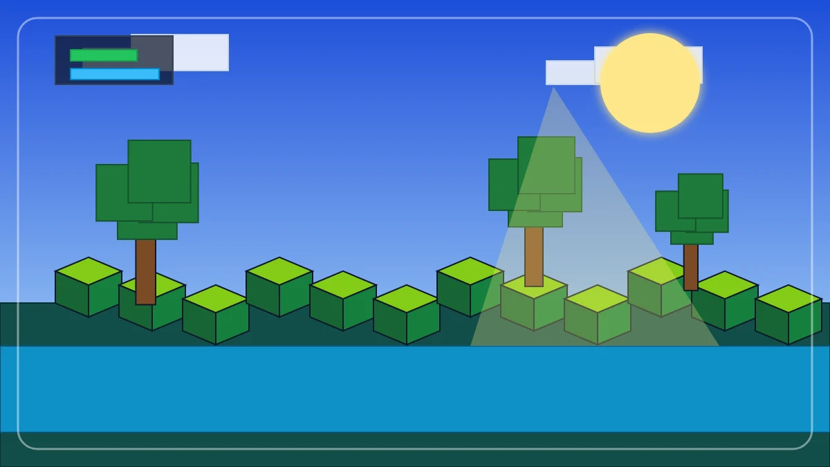 マイクラでシェーダーを使い光と水面を表示したプレイイメージ