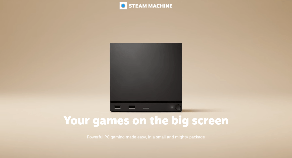 Steam Machine vs 自作/BTOゲーミングPC比較|拡張性・保証・コスパの違い 2 Valve公式サイトに掲載されているSteam Machine本体の製品写真